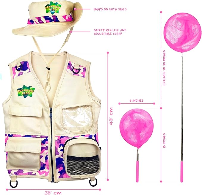 Bug Hunting Kit, Pink Safari Vest, Hat, Binoculars, Lg. Butterfly Net, Bug Container, Whistle, Flashlight, Magnifier, Thermostat, Compass, Age 3+-CubbioJoy