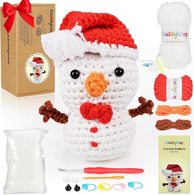 Christmas Snowman Crochet Kit for Beginners, Crochet Starter Kit for Kids Adults, Learn to Crochet w/Step-by-Step Video Tutorials, Pre-Started Yarn, Hook, DIY Amigurumi Craft Gifts for Christmas Décor-CubbioJoy