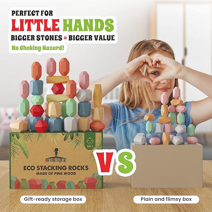 36 Pcs Wooden Stacking Blocks – Montessori Toys for 1 2 3 4 5 6 Year Old Toddlers and Kids, XL Rocks, No Choking Hazard – Sensory STEM Building Stones, for Girls and Boys-CubbioJoy