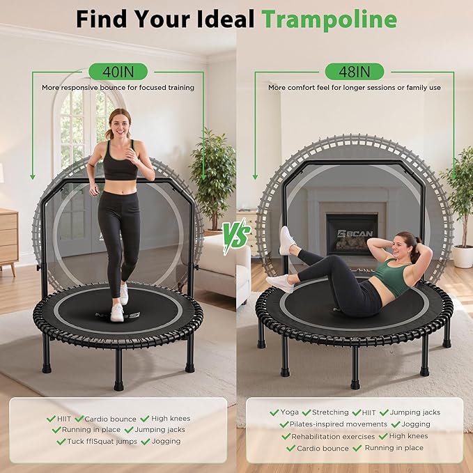BCAN 40"/48" Mini Rebounder Trampoline for Adults with Bar, 450/550LBS Fitness Trampoline with Bungees, Adjustable Handle, Stable & Quiet, Indoor Outdoor, Whole-Body Workout & Relaxation at Home-CubbioJoy