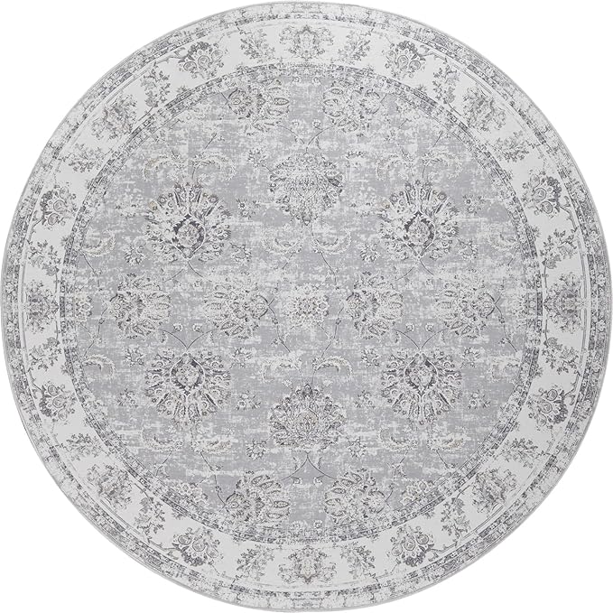 jinchan Round Rug 5ft Area Rugs Vintage Floral Distressed Design - Machine Washable Non-Slip Low-Pile Ultra-Thin Circle Rug for Entryway Bedside Living Room Dining Room Bedroom (5' Round,Grey)-CubbioJoy