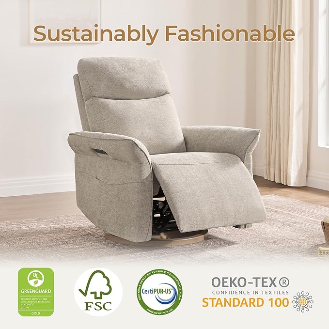 CHITA Power Recliner Chair, Electric Triple-Motor Swivel Glider Nursery Rocking Chair with Adjustable Power Headrest and Lumbar Support, GREENGARD Gold Certified, Solid Wood Base, Khaki Grey-CubbioJoy