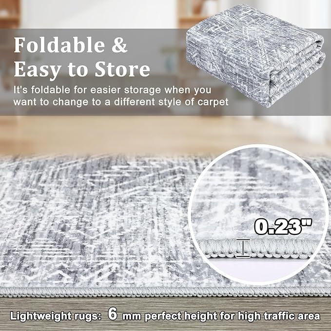 COZYLOOM 2x8 Runner Rug for Living Room, Kitchen Modern Washable Distressed Accent Carpet with Non-Slip Backing, Ultra-Soft Contemporary Geometric Floor Mat, Bedroom, Grey-CubbioJoy