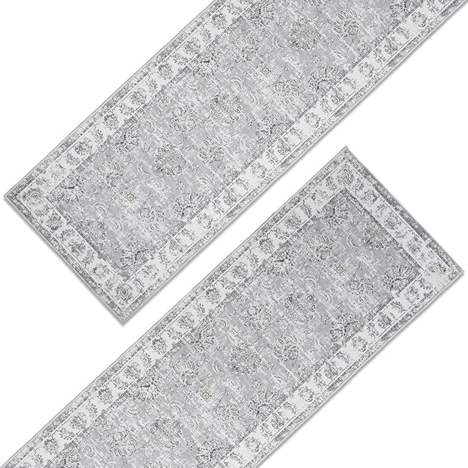 jinchan Runner Rug 2x5-2pcs Kitchen Washable Vintage Hallway Rug Floral Print Floor Cover Indoor Thin Retro Mat Accent Bathroom Laundry Room Bedroom Office Farmhouse (Double,Grey)-CubbioJoy