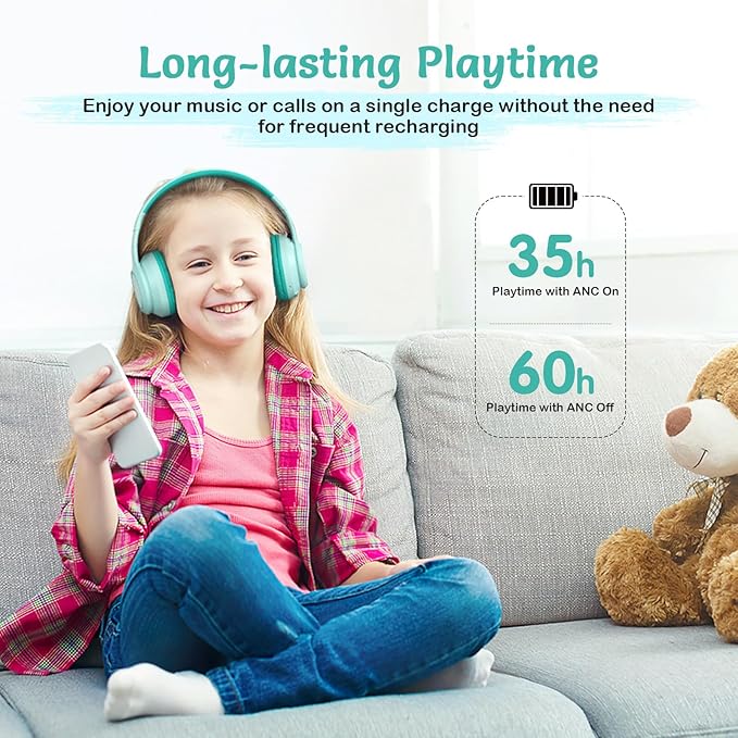 Active Noise Cancelling Headphones for Kids, 60H Playtime, Wireless Bluetooth Over-Ear Headset Built-in Microphone for Home/School/Travel/Party - Includes Portable Case-CubbioJoy