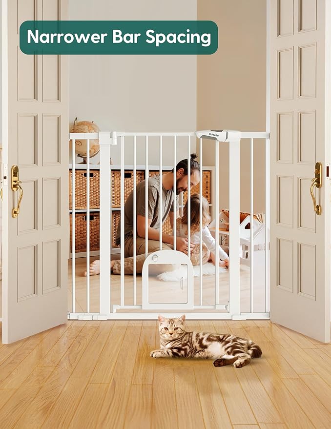 Babelio 36" Tall Upgraded Baby Gate with Cat Door, 29-43" Auto Close Durable Dog Gate for Stairs, Doorways and House, Easy Walk Thru Safety Gate with Pet Door Includes 4 Wall Cups, White-CubbioJoy