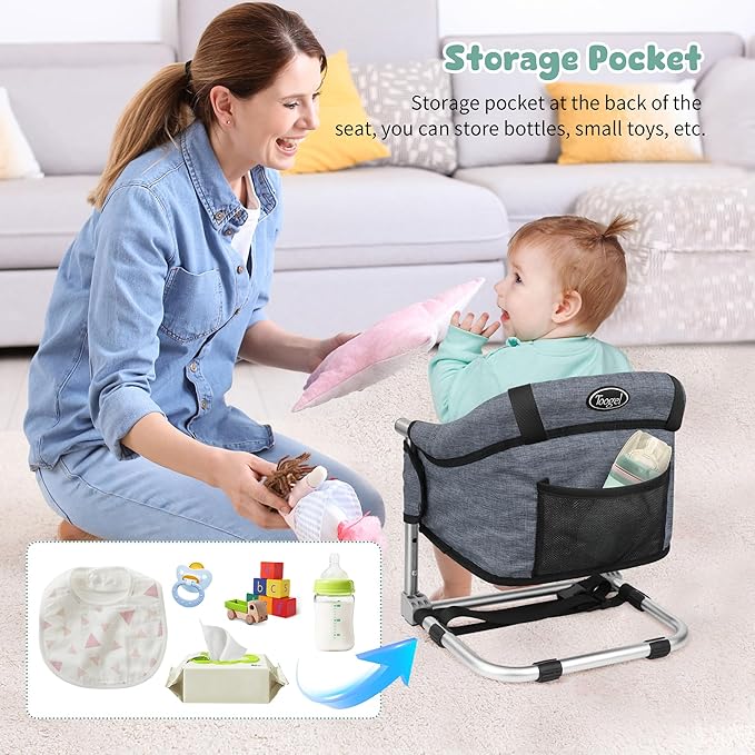 Booster Seat for Dining Table: Portable Toddler Booster Chair with Safety Buckle and Height Adjustable, Foldable Baby Feeding Chair, Kids High Chair Booster Seat for Kitchen Home Travel - Grey-CubbioJoy