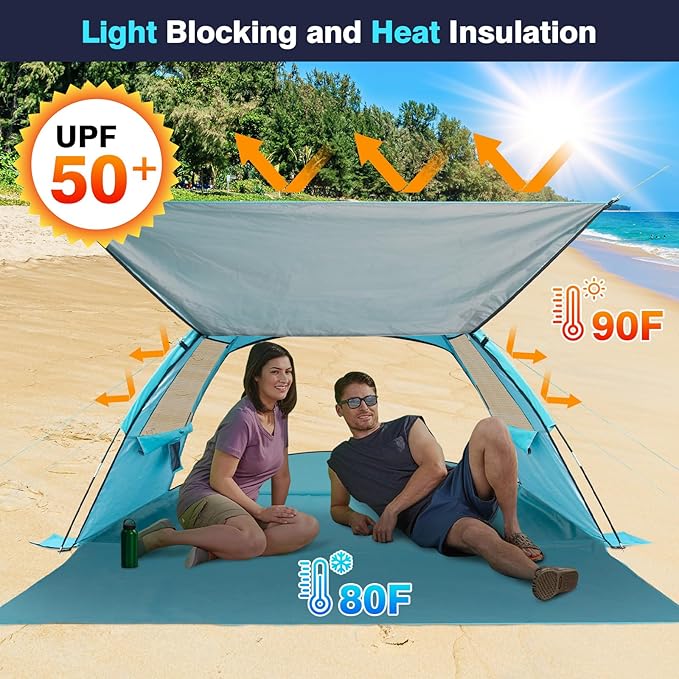 DLUCKY Beach Tent for 1/2/3/4/5/6 Person,Anti-UV Portable Sun Shade ShelterUPF 50+,Both Sides Extendable Floor,Extendable Awning,with 2 Ventilating Mesh Windows,Lightweight & Easy Setup.-CubbioJoy