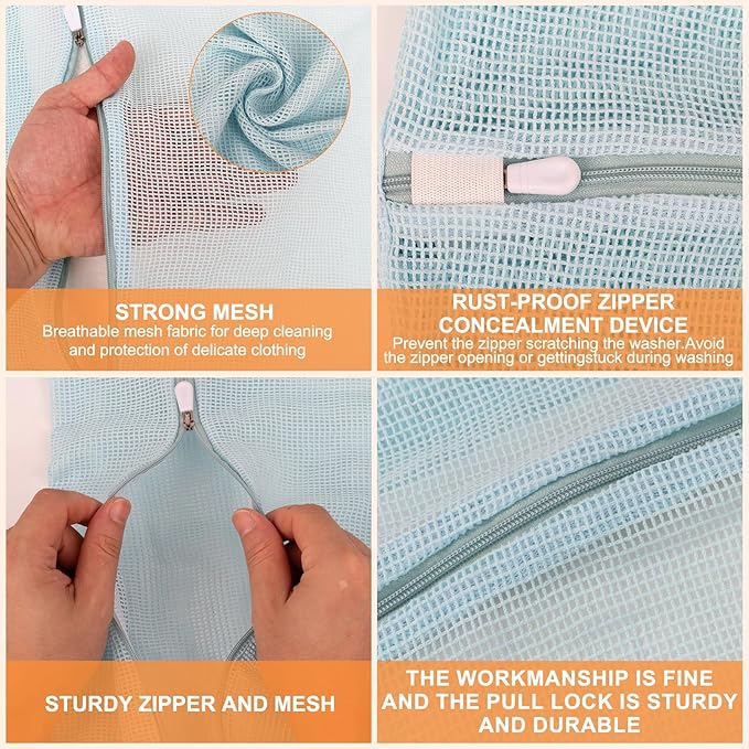 4-Piece Blue Large Durable Organic Cotton Mesh Laundry Bags with Sturdy Zippers and Breathable Mesh are Delicate Laundry Bags for Underwear, Clothes, Pants and Socks-CubbioJoy