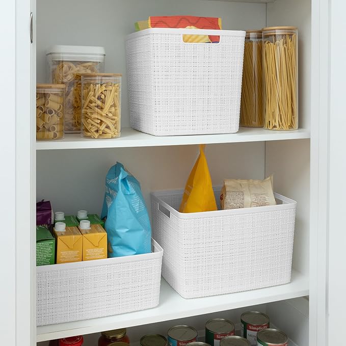 Curver Set of 4 Jute Large Decorative Plastic Organization and Storage Baskets, Perfect Bins for Home Office, Closet Shelves, Kitchen Pantry and All Bedroom Essentials, White-CubbioJoy