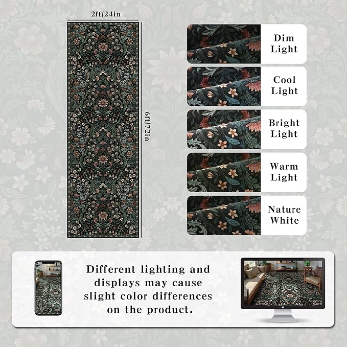 2x6 Washable Runner Rug,Black Floral Boho Area Rug for Hallway,Low-Pile Non-Slip Stain Resistant Carpet for Kitchen, Bedside,Laundry Room,Entryway-CubbioJoy