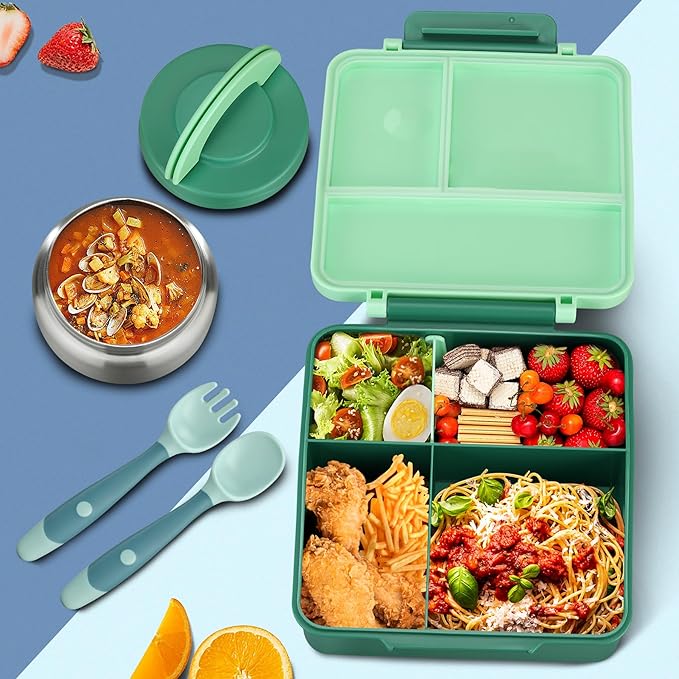 Bento Lunch Box for Kids with 8oz Soup Thermo&Lunch Bag, Leak-Proof Lunch Food Containers with 4 Compartment, Hot Food Insulated Food Jar for Kids School (Green)-CubbioJoy