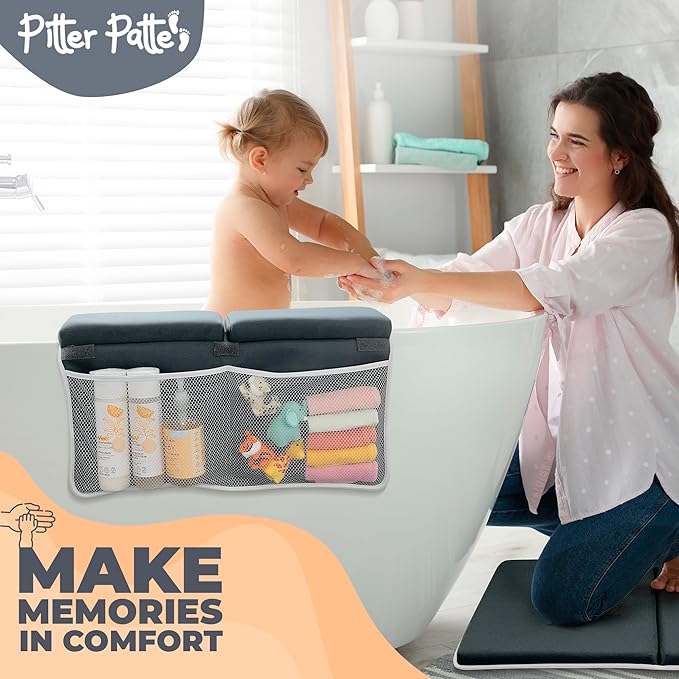 Baby Bath Kneeler and Elbow Rest Pad Set Made of Neoprene & Foam - Non Slip Cushioned Bath Kneeling Pad for Bathing Baby with XL Compartments for Bath Toy Storage for Tub-CubbioJoy