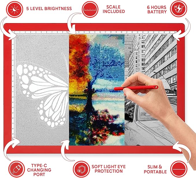 iVyne Rechargeable A4 Light Pad for Tracing & Weeding - LED Light Board for Weeding Vinyl - for Cricut Vinyl Weeding Tools - Ultra-Thin & Portable - Perfect for Artists & Crafters - Red-CubbioJoy