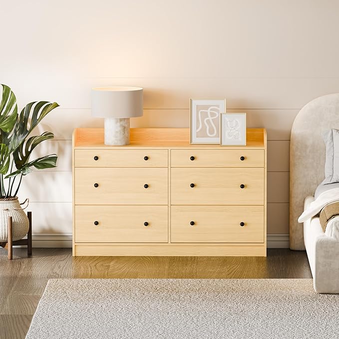 Cozy Castle Baby Dresser with 6 Drawers and Large Table Top, Multi-Functional Chest of Drawer, Drawer Dresser with Three-Sided High Rails for Nursery, Children's Room, Bedroom, Oak-CubbioJoy