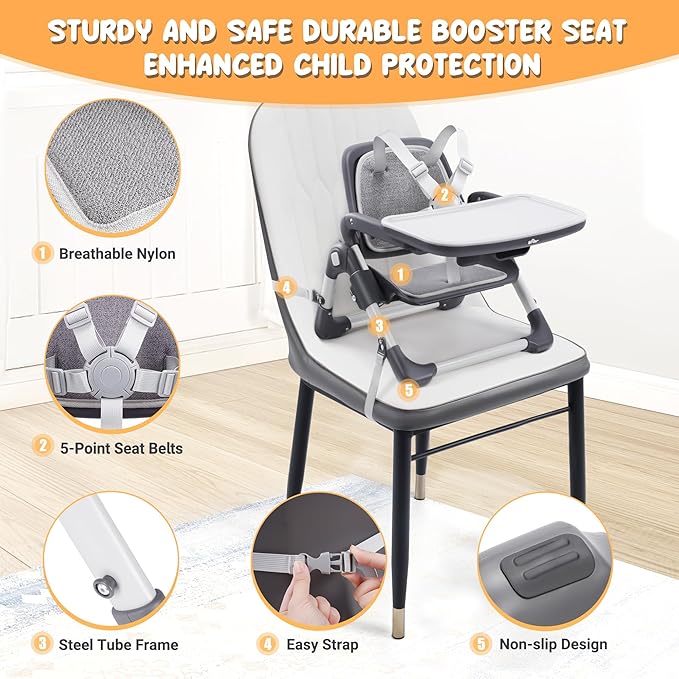 Bear Booster Seat for Kitchen Chairs, Portable High Chair for Babies 6–12 Months, Adjustable 3-Level Foldable Booster with Removable Tray, Ideal for Home, Outdoor, Camping, and Travel-CubbioJoy