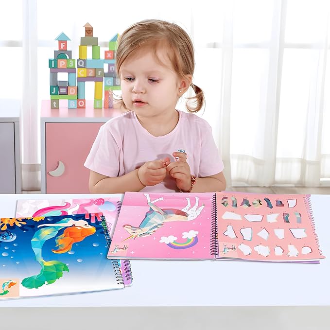 90shine 4PCS Sticker Books for Kids Ages 4-8 Sea-Maid Horned Horse Zoo Pet Themed Designs Party Gift Create 44 Pictures-CubbioJoy