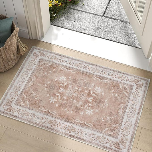 jinchan Floral 2x3 Rugs for Entryway - Vintage Washable Area Rug Ultra-Thin Low Pile Soft Small Non Slip Distressed Indoor Door mat Accent for Entrance Kitchen Bedroom (2x3ft,Coral Pink)-CubbioJoy