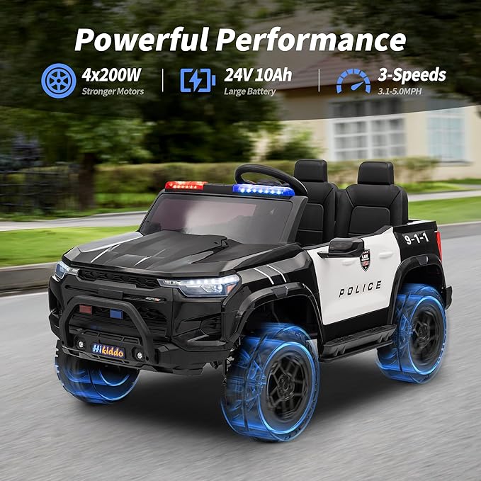 24V 10Ah Electric Police Car Ride on Toy for Big Kids, 4WD 2 Seater Kids Ride on Car SUV w/Remote Control, 4x200W Motors - Black-CubbioJoy
