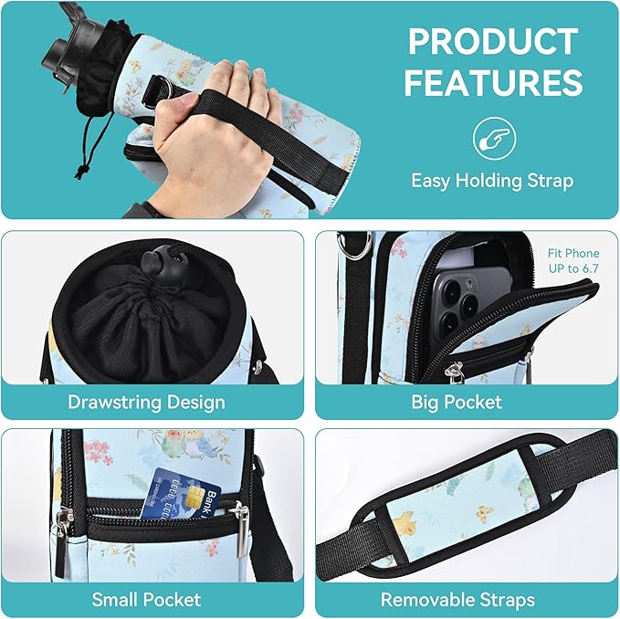 25/32/40/64oz Water Bottle Bag Holder Carrier-Insulated Crossbody Sling Case Sleeve with Strap & Pockets for Men Women Gym Cycling Travel Walking Hiking Camping-CubbioJoy