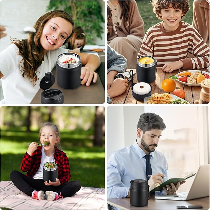 17oz Soup Thermo for Hot Food Kids,Insulated Food Jar with Spoon,Thermo Hot Food Lunch Container,Wide Mouth Leakproof Stainless Steel Lunch Box for School-Black-CubbioJoy