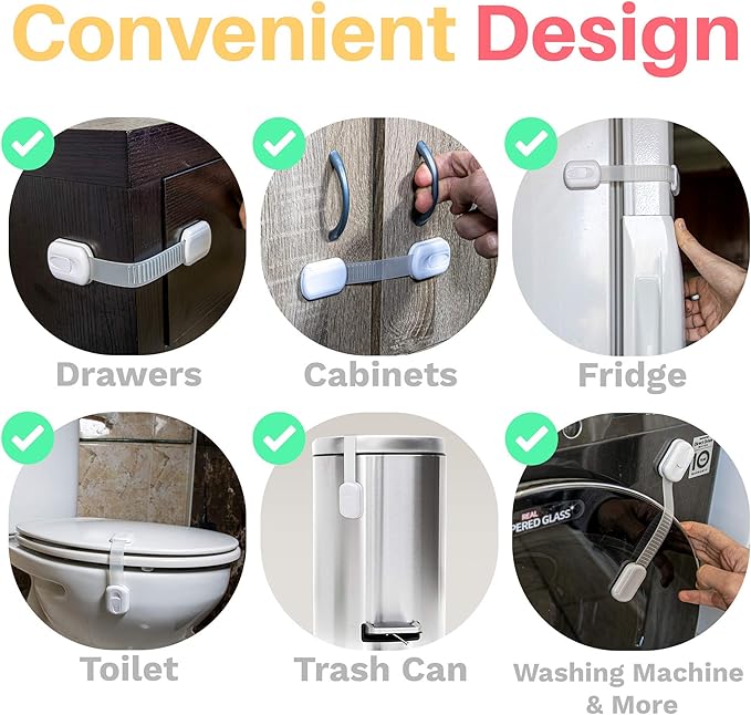 6-Pack Child Proof Locks for Cabinet Doors, Drawers, Fridge, Toilet Seat, Dishwasher, Trash Can, Cupboard - 3M - No Drilling - Child Safety Locks for Cabinets and Drawers - Baby Proofing Cabinets Lock-CubbioJoy