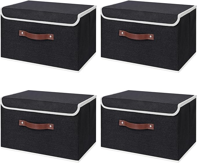 ANMINY 4PCS Storage Bins with Lid PU Leather Handles Storage Boxes PP Plastic Board Decorative Foldable Lidded Cotton Linen Fabric Home Cubes Baskets Closet Organizer Containers - Black, Large Size-CubbioJoy