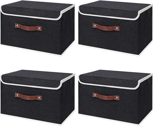 ANMINY 4PCS Storage Bins with Lid PU Leather Handles Storage Boxes PP Plastic Board Decorative Foldable Lidded Cotton Linen Fabric Home Cubes Baskets Closet Organizer Containers - Black, Large Size-CubbioJoy