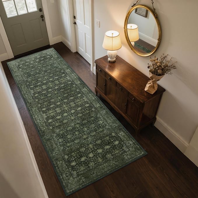 2'6x8' Washable Runner Rug for Hallway, Non Slip Vintage Floral Long Carpet Runners for Entryway, Kitchen, Bathroom, Bedroom, Low Pile Laundry Rugs Rubber Backing (Distressed Green)-CubbioJoy