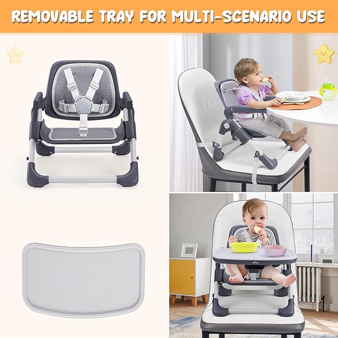 Bear Booster Seat for Kitchen Chairs, Portable High Chair for Babies 6–12 Months, Adjustable 3-Level Foldable Booster with Removable Tray, Ideal for Home, Outdoor, Camping, and Travel-CubbioJoy