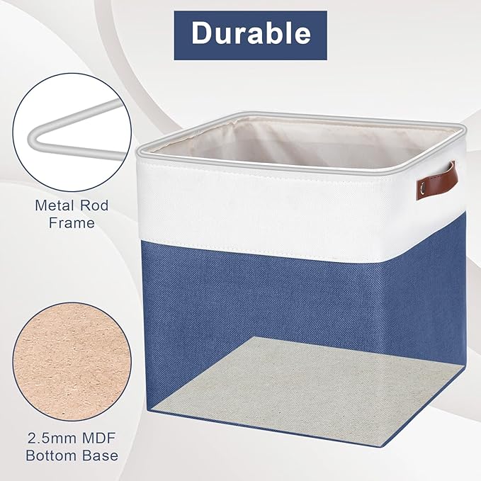 13x13 Cube Storage Bins, Collapsible Fabric Storage Box, 4 Pack Closet Baskets with Handles for Organizing, Shelf, Toys, Clothes, Home, Office, Nursery (NavyBlue&White)-CubbioJoy