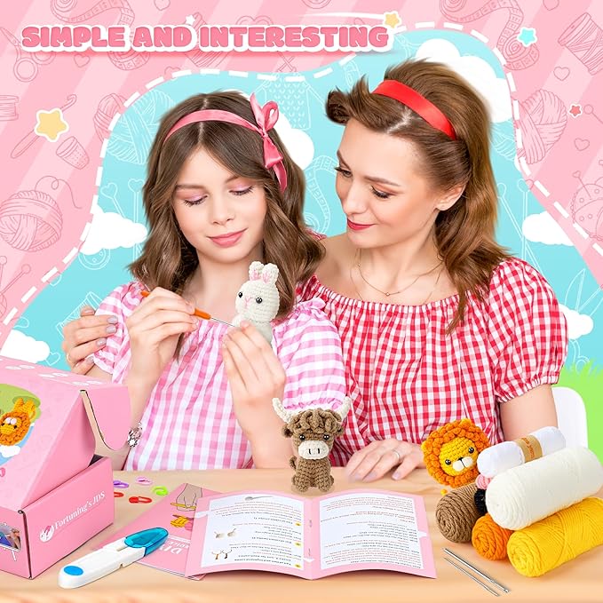 Crochet Kit for Beginners, Amigurumi Crochet Animal Kits, Crocheting Kit for Starters Adult Kids with Step-by-Step Video Tutorials, Animal Kits with Highland Cow, Lion, Bunny-CubbioJoy
