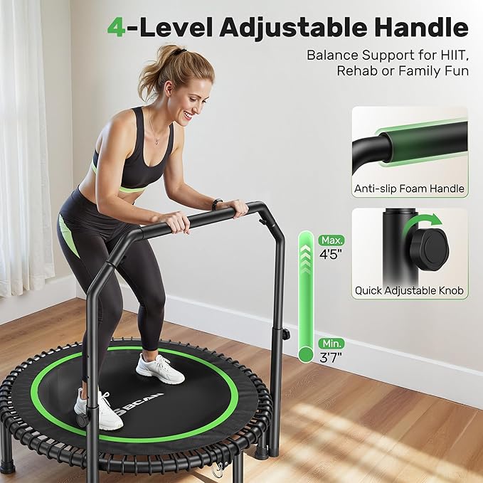 BCAN 40"/48" Mini Rebounder Trampoline for Adults with Bar, 450/550LBS Fitness Trampoline with Bungees, Adjustable Handle, Stable & Quiet, Indoor Outdoor, Whole-Body Workout & Relaxation at Home-CubbioJoy