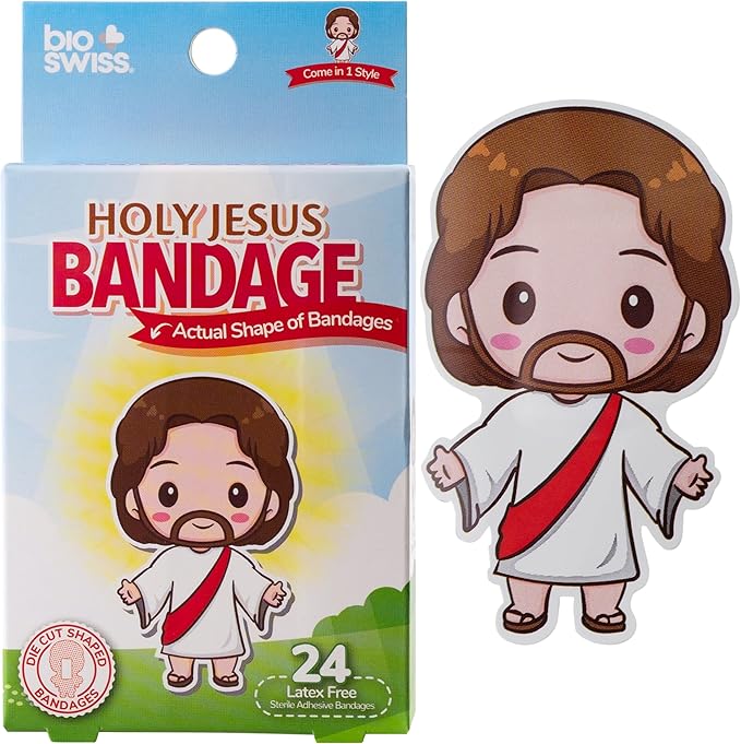 BioSwiss Bandages, Holy Jesus Shaped Self Adhesive Bandage, Latex Free Sterile Wound Care, Fun First Aid Kit Supplies for Kids and Adults, 24 Count-CubbioJoy