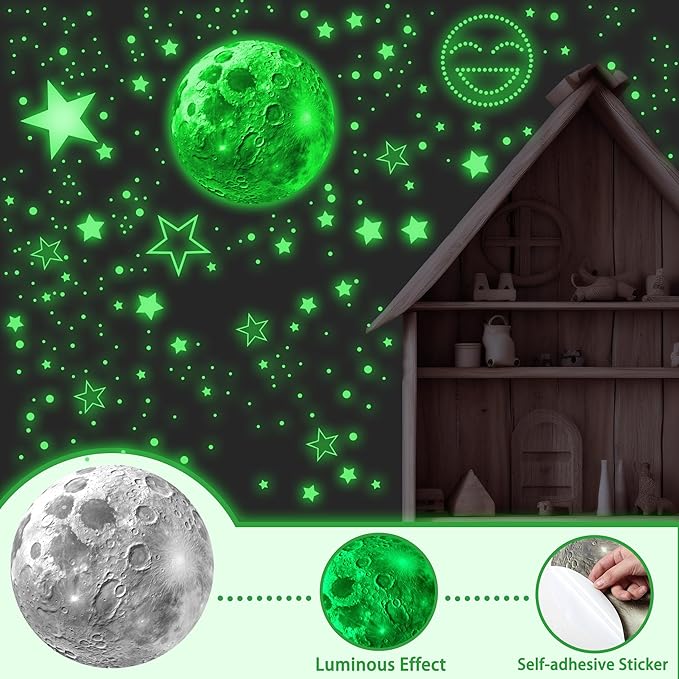 965 PCS Glow in The Dark Stars and Moon for Ceiling, Luminous Stars and Planet Wall Decals, Kids Room Decor, Glowing Galaxy Wall Stickers for Nursery Decorations (Green)-CubbioJoy