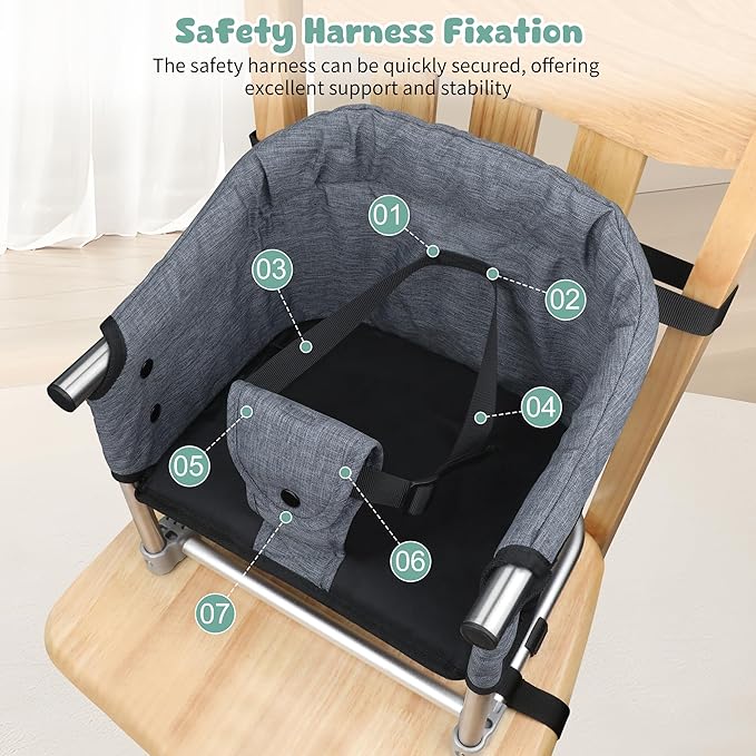 Booster Seat for Dining Table: Portable Toddler Booster Chair with Safety Buckle and Height Adjustable, Foldable Baby Feeding Chair, Kids High Chair Booster Seat for Kitchen Home Travel - Grey-CubbioJoy