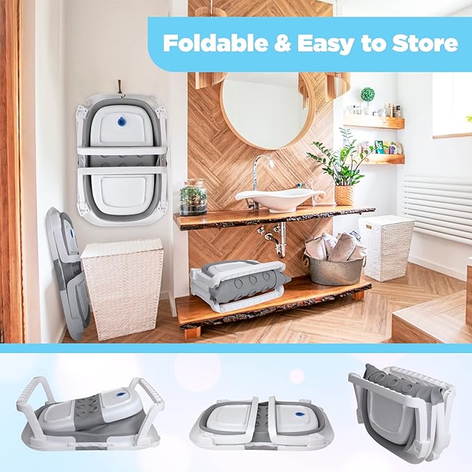 BEBELEH™ Collapsible Baby Bathtub with Thermometer – Bathtub + Baby tub Sling + Newborn Sling – Baby Bathtub Newborn to Toddler 0-24 Months – The Ultimate Baby Bath Tub! (with Thermometer,Gray)-CubbioJoy