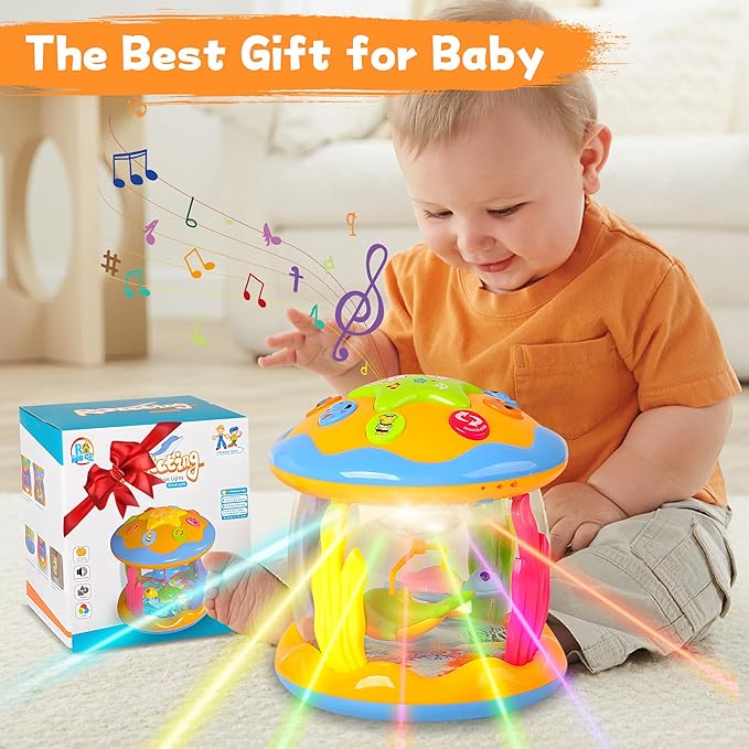 Baby Toys 6 to 12 Months - Musical Rotating Light Up Infant Toys, Early Learning Toys Baby Crawling Drum Toy, Tummy Time Educational Sensory Baby Girl Gifts for Toddlers 1 2 3 Years Old-CubbioJoy