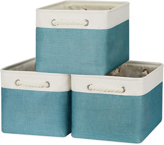 Bidtakay Basket Storage Bins with Handles Fabric Large Storage Baskets for Organizing Set of 3 Collapsible Rectangular Basket for Shelves Closet Organizer 15 X 11 X 9.5 Inches(White&Teal Blue)-CubbioJoy