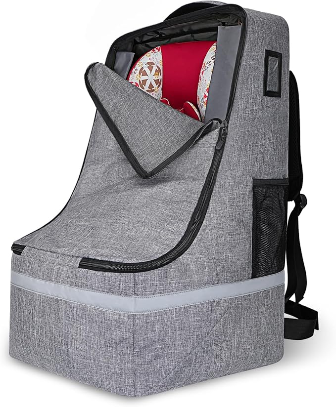 Car Seat Travel Bag for Airplane,Infant Seat Travel Bag with Shoulder Strap,Padded Car Seats Backpack with Reflective Stripes,Large Carseat Carrier Bag Travel Car Seat Cover,Grey-CubbioJoy