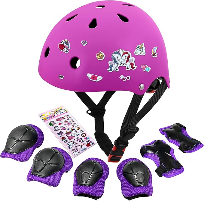 Kids Bike Helmet with DIY Stickers and Knee Pads Elbow Pads Wrist Guard Set for Ages 3-8-14 Toddler Boys Girls Helmet for Roller Skates Cycling Skateboarding Bicycle Scooter-CubbioJoy