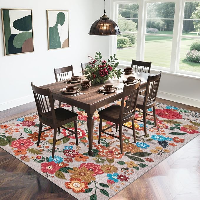 8x10 Area Rug for Living Room: Vintage Floral Washable Rug Soft Boho Non Slip Carpet Large Indoor Floor Non Shedding Low Pile Thin Carpets for Bedroom Dining Room Farmhouse Nursery Home Office Beige-CubbioJoy