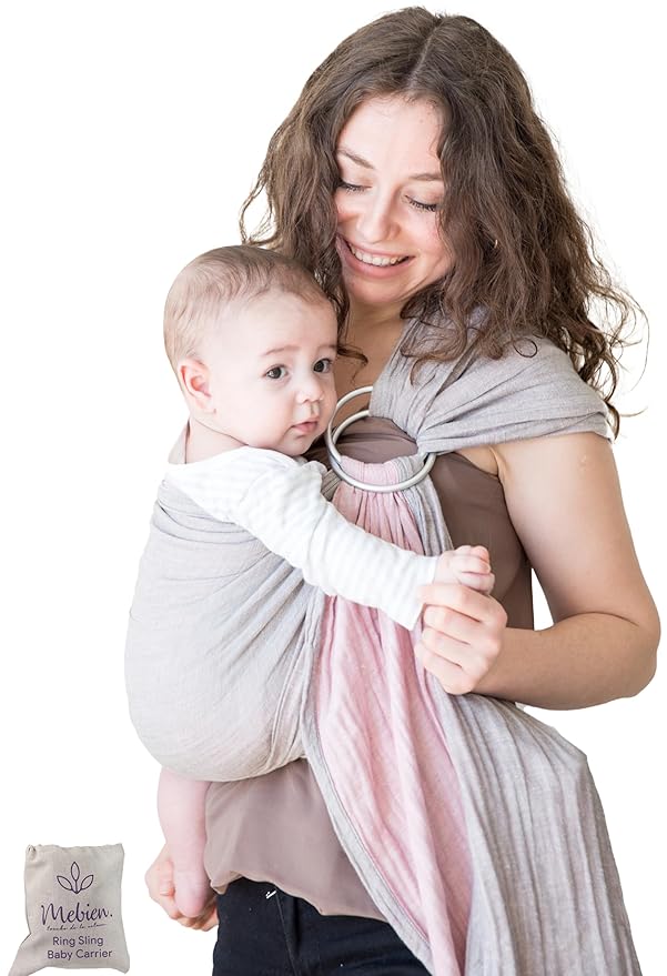 Baby Sling Carrier – Breathable 100% Cotton Wrap for Infant Support, Ring Sling Baby Carrier – Adjustable Muslin Fabric, Baby Carrier Newborn to Toddler – Grey Rose Soft Chest Hold for Travel-CubbioJoy