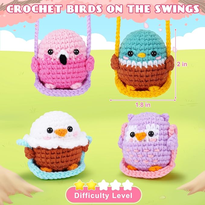 Crochet Kit for Beginners -4 PCS Bird Crochet Kits with Step-by-Step Video Tutorials, Beginner Crochet Kit for Adults and Kids, Crochet Birds On The Swings(Mallard Bald Eagle Flamingo Owl)-CubbioJoy