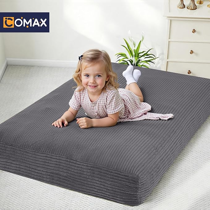 COMAX Kids Bean Bag Chair Turn into Beanbag Bed, Toddler Bean Chair Corduroy for Girl Boy Sleeping, Lazy Children Bean Bags with Filler, Convertible Child Floor Mattress, Charcoal-CubbioJoy