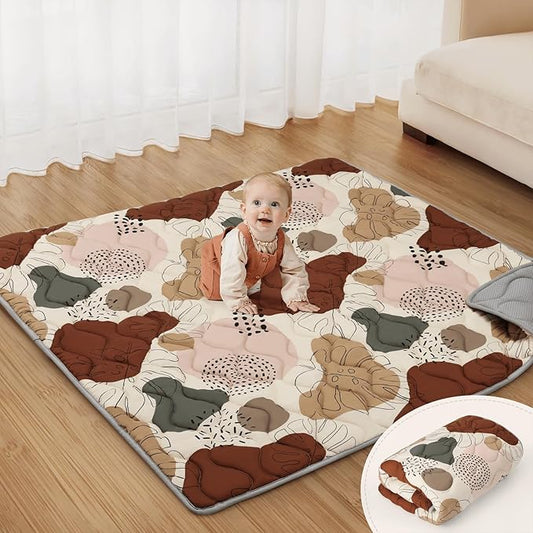 Blissful Diary Portable Baby Play Mats for Floor, Thicker Cushioned Foldable Baby Crawling Mat for Indoor Outdoor, Non-Slip & Washable Kids Playmat for Tummy Time Activity, Boho 43" X 43"-CubbioJoy