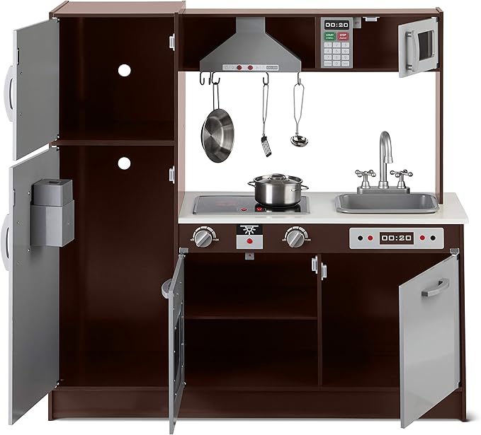 Amazon Basics Kids Upright Wooden Kitchen Toy Playset with Stove, Oven, Sink, Fridge and Accessories, for Toddlers, Preschoolers, Children Age 3+ Years, Espresso/Gray, 39x11.8x39''-CubbioJoy