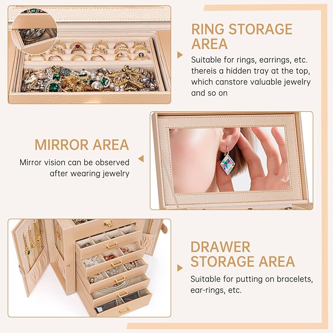 AKOZLIN 6-Tier Jewelry Box Organizer Functional 5 Drawers Leather Jewelry Storage Case for Women Girls Ring Necklace Earring Bracelet Holder Organizer with Mirror Champagne-CubbioJoy