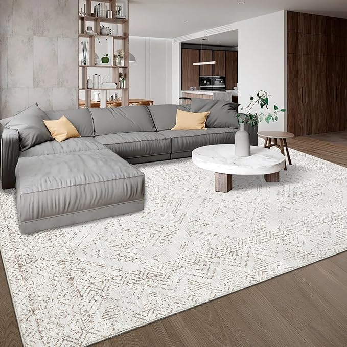 COZYLOOM 10x13 Area Rug Living Room Washable Rugs Stain Resistant for Bedroom Soft Floor Carpet Non Slip Distressed Geometric Carpet for Dining Room Laundry Room Office, Ivory-CubbioJoy