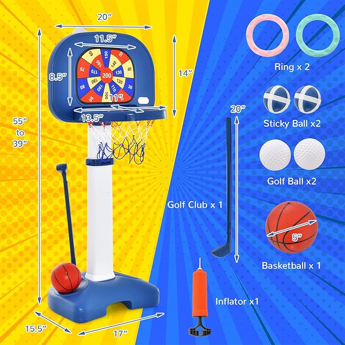 Costzon Kids Basketball Hoop, 4-in-1 Toddler Sports Activity Center with 5 Adjustable Height, Basketball Golf Toss Ring Dart Board Game Set, Indoor Outdoor Toddler Basketball Hoop, Gift for Boys Girls-CubbioJoy